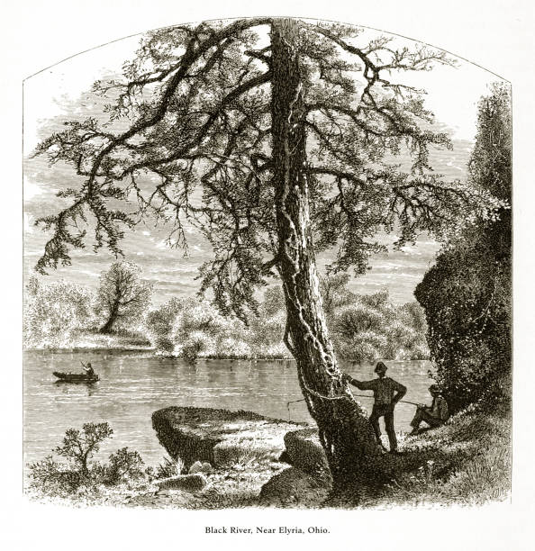 black river in der nähe von elyria, ohio, vereinigte staaten von amerika, amerikanische viktorianischen gravur, 1872 - elyria stock-grafiken, -clipart, -cartoons und -symbole