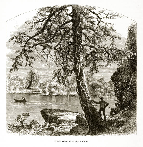 блэк-ривер возле элирии, огайо, сша, американская викторианская гравюра, 1872 - elyria stock illustrations