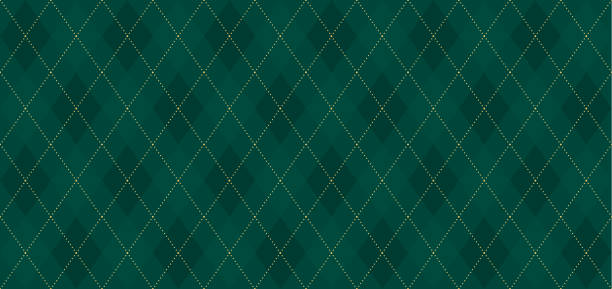 Argyle vector pattern. Dark green with thin slim golden dotted line. Xmas pattern Seamless vivid geometric background for fabric, textile, men clothing, wrapping paper. Backdrop Little Gentleman party invite card dark illustrations stock illustrations