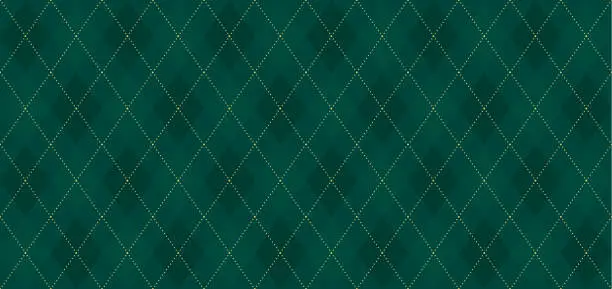Vector illustration of Argyle vector pattern. Dark green with thin slim golden dotted line. Xmas pattern
