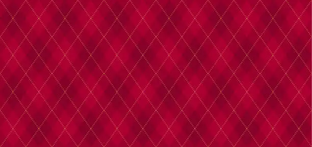 Vector illustration of Argyle vector pattern. Dark red with thin golden dotted line.