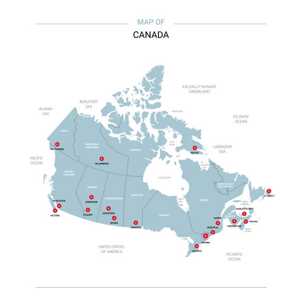 ilustraciones, imágenes clip art, dibujos animados e iconos de stock de vector del mapa de canadá con el perno rojo. - map of canada