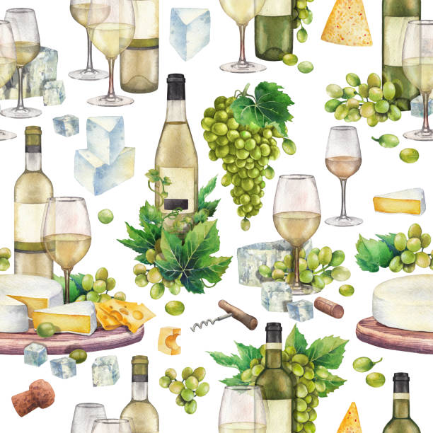 акварель бокалы и бутылки, белый виноград, сыр, пробка и штопор - wine cork white wine grape stock illustrations