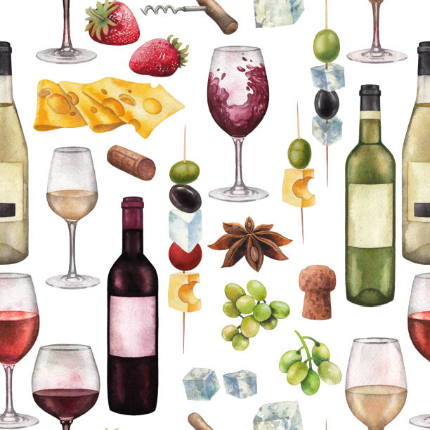 акварель бокалы, бутылки и другие вкусные продукты питания - strawberry vine pattern plant stock illustrations