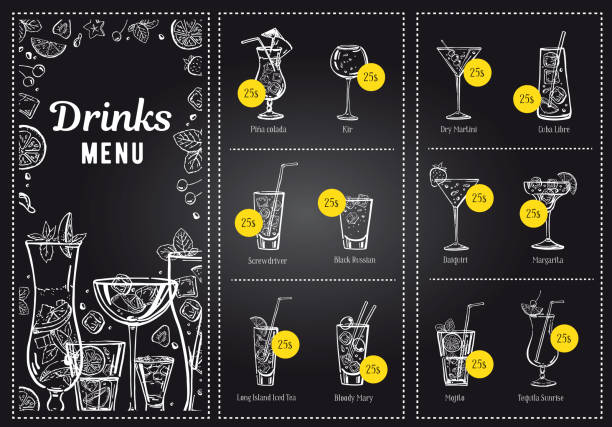 cocktailkarte design vorlage und getränke-liste. gliederung von hand gezeichnet vektorgrafik mit blackboard-hintergrund - fruit liqueur stock-grafiken, -clipart, -cartoons und -symbole