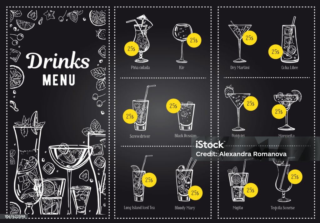 Cocktail Menu Design Template And Drink List Vector Outline Hand Drawn  Illustration With Blackboard Background Stock Illustration - Download Image  Now - iStock