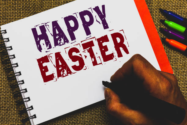 istock Word writing text Happy Easter. Business concept for Christian feast commemorating the resurrection of Jesus Man hand holding marker notebook paper communicating ideas Jute background. 1067623340