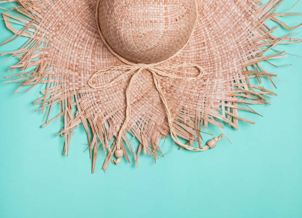 istock Feminine staraw hat with wide fields on themint color background 1067628246
