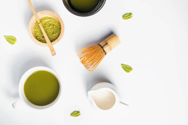 istock Powder, green tea and milk on the white background, top view 1067628268