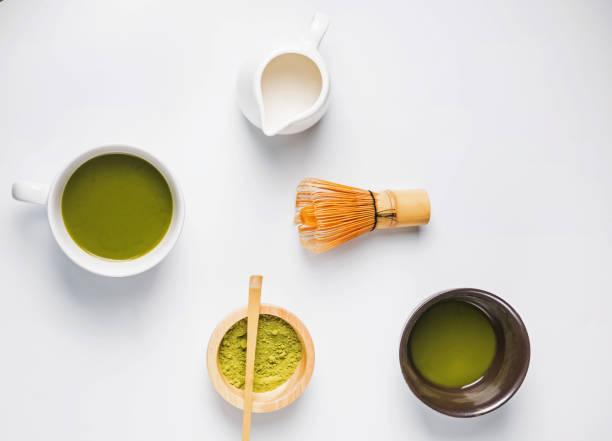 istock Powder, green tea and milk on the white background, top view 1067628272