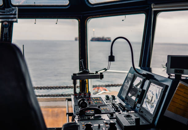 istock Bridge ship equipment. telegraph handles vhf radio, navigation devices 1067633968
