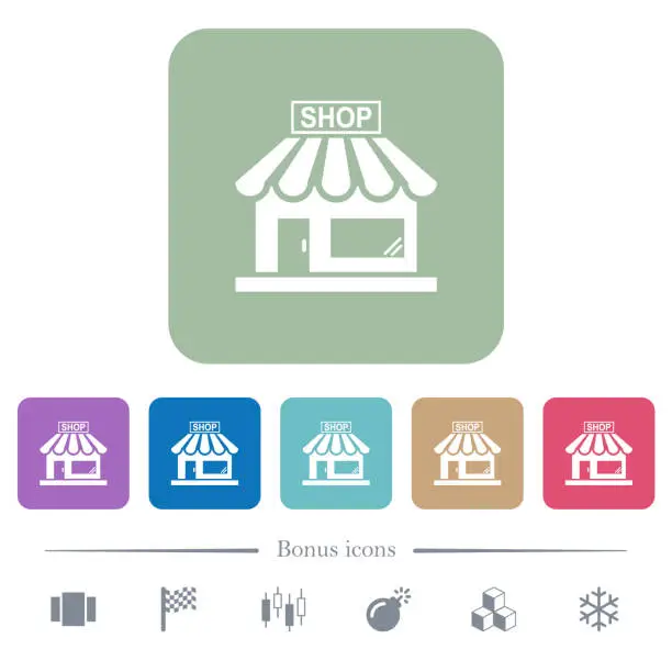 Vector illustration of Store front flat icons on color rounded square backgrounds