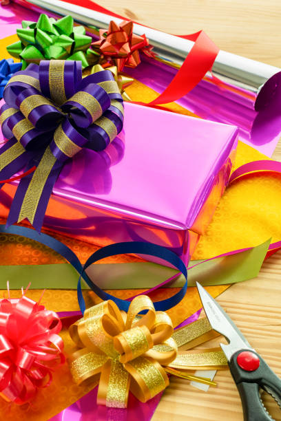 istock A gift box on the gift wrapping paper with bows and ribbons 1067638912