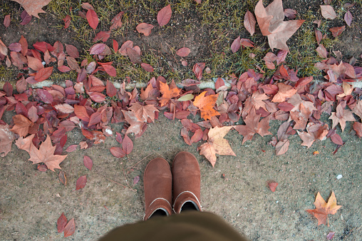 Overhead view autumn leaves and boots