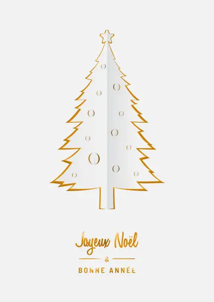 Vector illustration of Merry Christmas and Happy New Year origami card template. Greeting card invitation with Christmas pine trees.