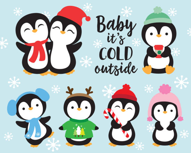 Cute Baby Penguins in Winter Vector Cute baby penguins in winter outfits vector illustration. Penguins wearing winter scarf and hat. penguin stock illustrations