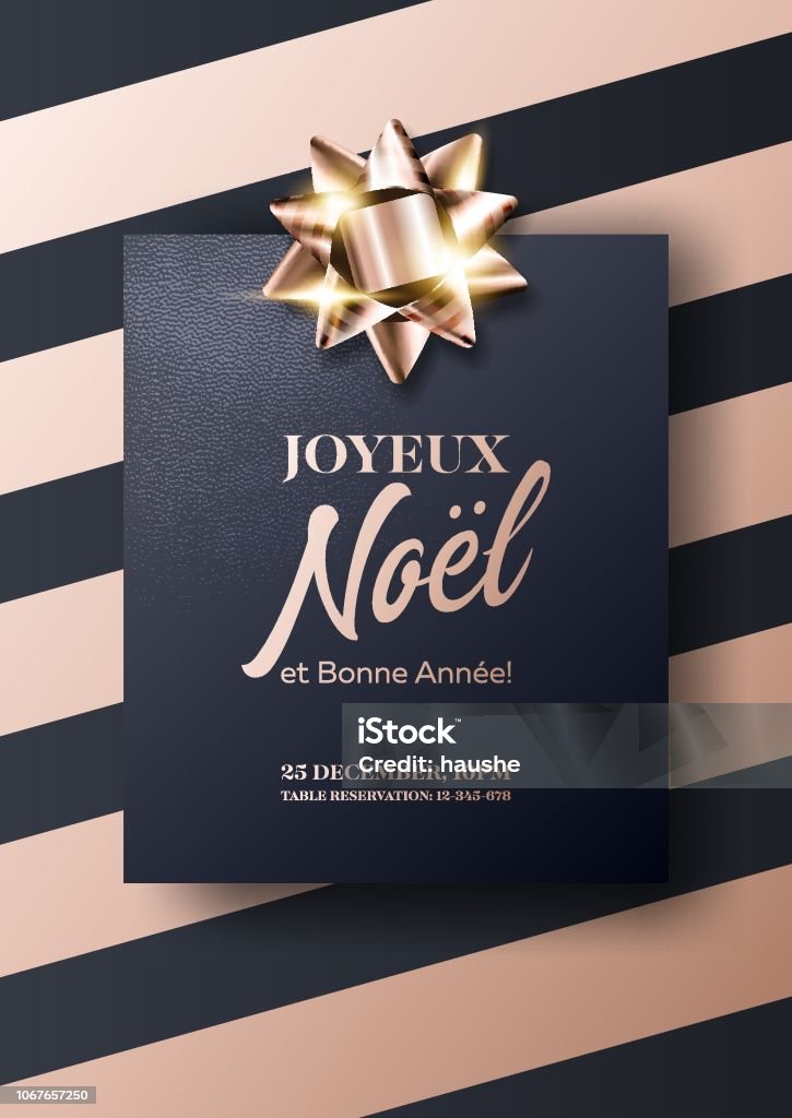 Joyeux Noel et Bonne Annee Vector Card. Merry Christmas and Happy New Year in French. Minimalist Xmas 2019 Poster Template in Dark Black and Rose Gold Colors. Strict, Luxury, Chic, Elegant Style. Christmas stock vector