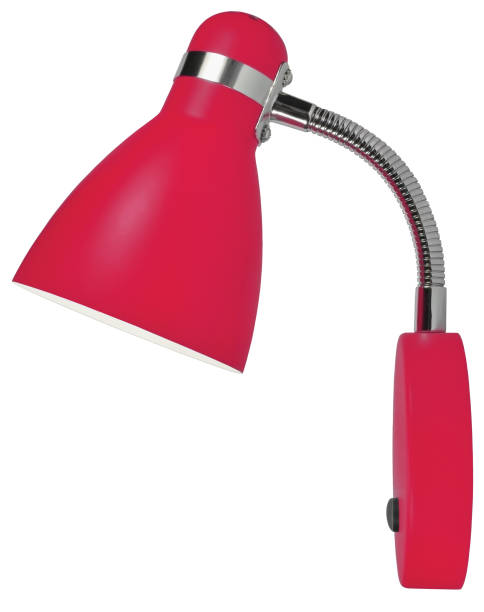 istock Red Wall Sconce Bed Gooseneck Lamp, Modern Surface-Mounted Home Light Fixture, Large Detailed Isolated Closeup Studio Shot Detail, Vertical Copy Space, Contemporary Metallic Interior Concept, Powder Paint Metal And Chrome 1067668738