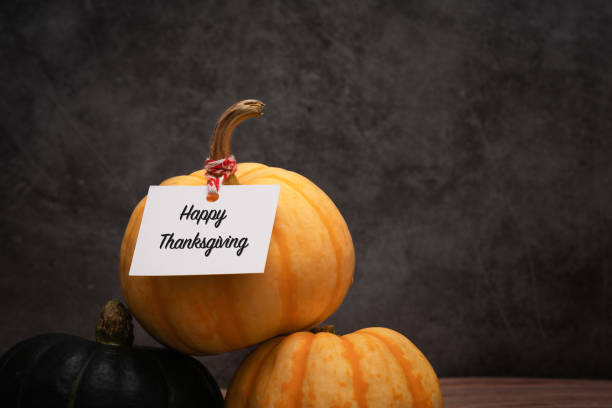 istock Happy Thanksgiving with pumpkins on dark background 1067673536