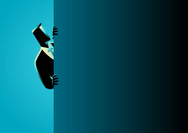 Businessman peeking from behind wall Business concept vector illustration of a businessman peeking from behind wall sheepish look stock illustrations