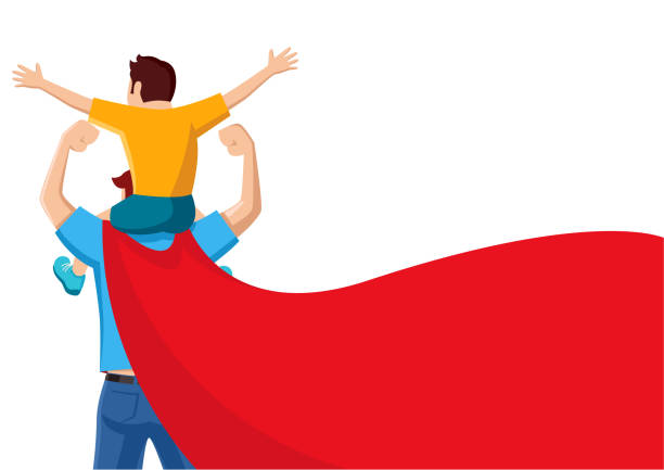 My Father My Hero Simple flat vector cartoon of a father with red cape carry his son on his shoulders play day stock illustrations