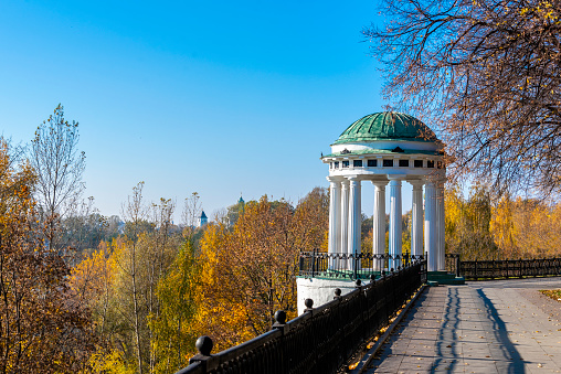 White air Rotunda on the high Bank of the Volga river in ancient russia town of Yaroslavl