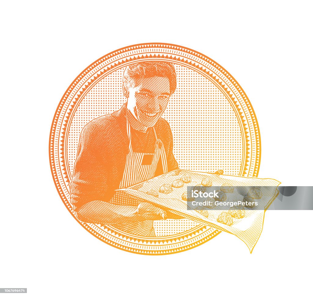 Happy Young man baking cookies Engraving illustration of a Happy Young man baking cookies 25-29 Years stock vector