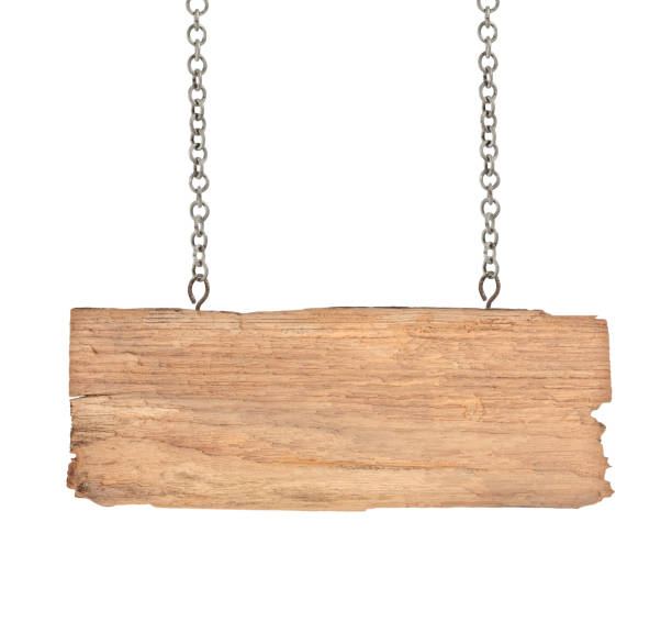 istock Old  wooden sign with chain on white background 1067696504