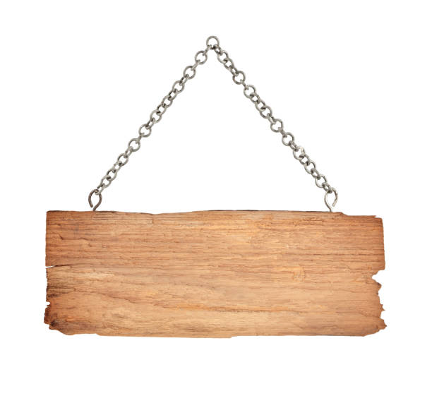 istock Old  wooden sign with chain on white background 1067696542