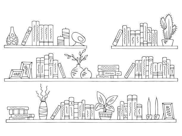ilustraciones, imágenes clip art, dibujos animados e iconos de stock de estantes de establecer vector de ilustración gráfica dibujo aislado blanco negro - estantería de libros