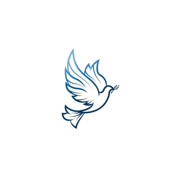 평화의 비둘기. 지구에 평화를 상징 하는 올리브 가지를 들고 비둘기와 그림. 라인 아트 비둘기. 잉크 그림 스타일. 라인 아트 로고와 디자인에 대 한입니다. 벡터 일러스트입니다. 평화 로고입� - 비둘기 stock illustrations