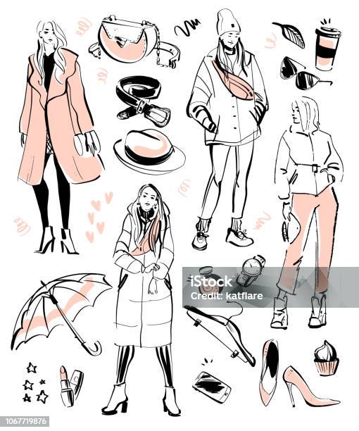 Vector Collection Of Modern Fashion Elements And Beautiful Models For Autumn Spring Time Clothing Personal Style Trendy Look Cosmetics Accessory Shoe Etc Isolated Stock Illustration - Download Image Now