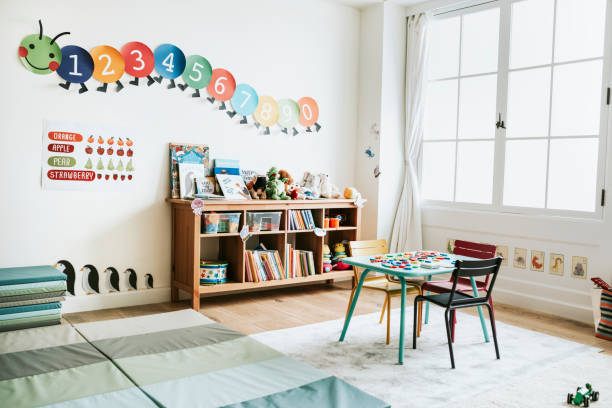 classroom of kindergarten interior design - creches imagens e fotografias de stock
