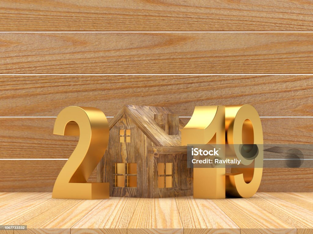 Golden 2019 and wooden house icon on wooden Real estate concept. Golden numbers 2019 New Year and wooden house icon on wooden background. 3D illustration Key Stock Photo