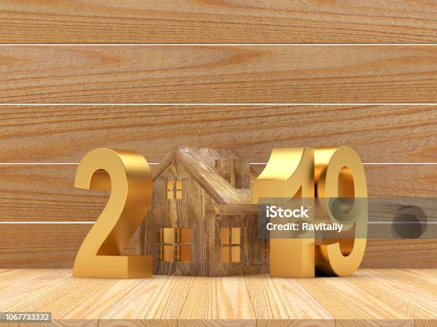 Golden 2019 And Wooden House Icon On Wooden Stock Photo - Download Image Now - Key, New Year, 2019