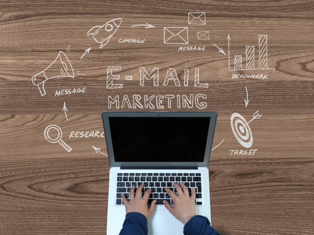 istock Email marketing online message communication laptop desktop top view 1067734232