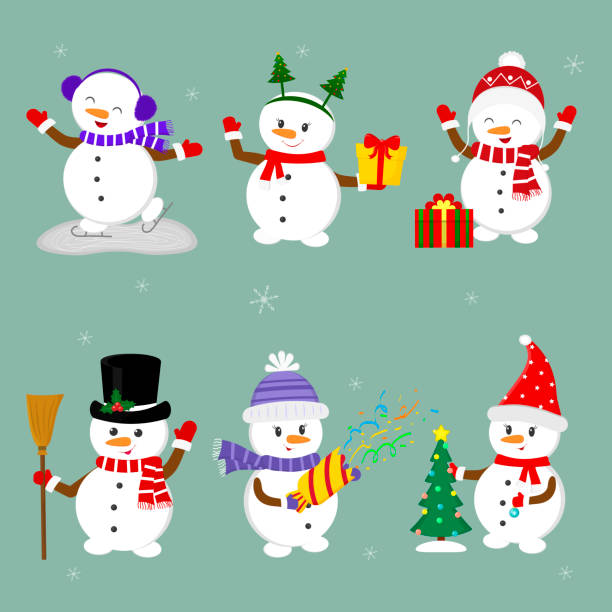 illustrations, cliparts, dessins animés et icônes de nouvel an et la carte de noël. ensemble de six bonshommes de neige mignons dans différents chapeaux et poses en hiver. arbre de noël, cadeaux, confetti, patins et glace. style de dessin animé, vector - christmas tree audio