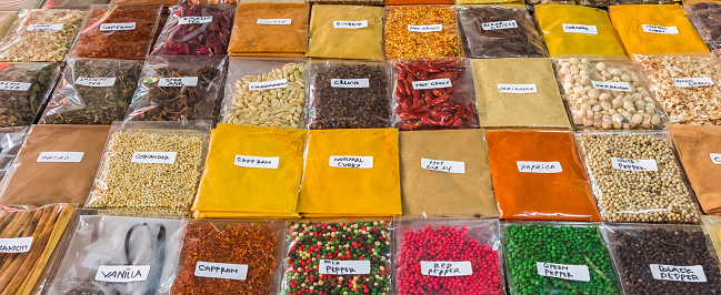 Panorama of traditional Indonesian herbs and spices at a Balinese market