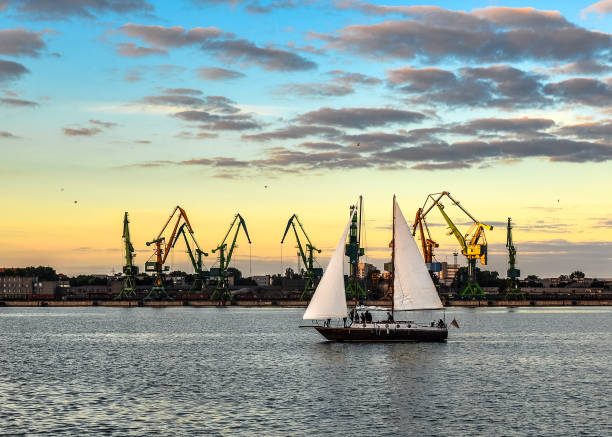 evening view on klaipeda port, yacht and curonian lagoon - klaipeda imagens e fotografias de stock