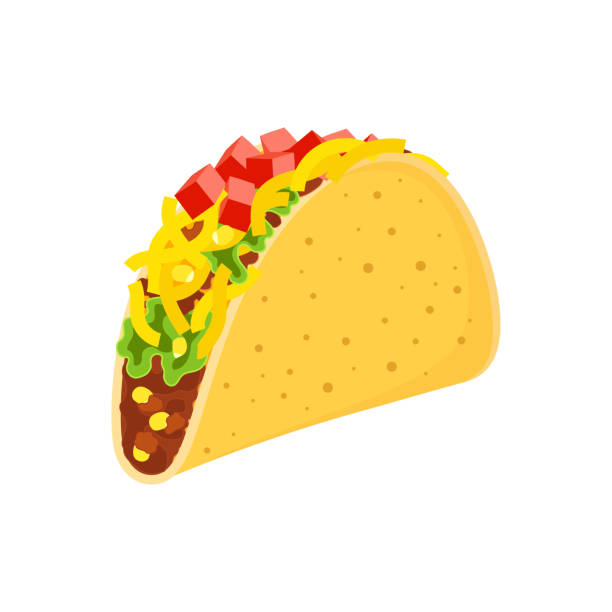 taco on white background cute cartoon mexican tacos characters isolated on white, delicious fastfood yellow tacos with beef and chicken, green salad and red tomato for cafe party, restaurant season offer design tacos stock illustrations
