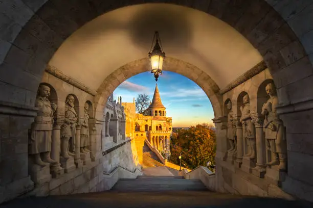 Budapest, Hungary - South entrance of Buda district at sunrise with autumn foliage and beautiful sky
