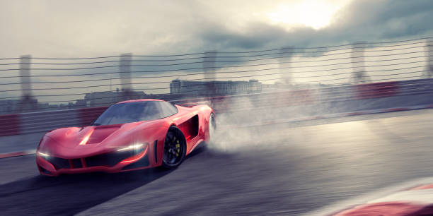 ogólny red supercar drifting wokół racetrack bend z oponami do palenia - skidding zdjęcia i obrazy z banku zdjęć