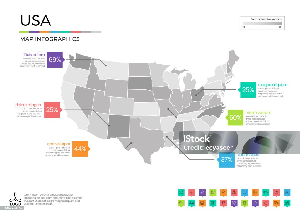 USA Karte Infografiken mit editierbaren getrennten Schichten, Zonen, Elemente und Bezirksgebiet in Vektor - Lizenzfrei Karte - Navigationsinstrument Vektorgrafik
