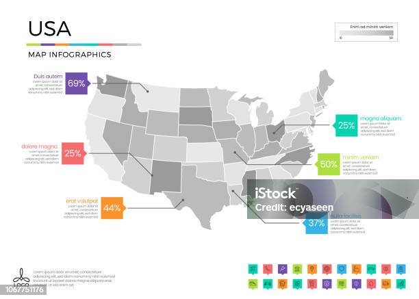 Usa Karte Infografiken Mit Editierbaren Getrennten Schichten Zonen Elemente Und Bezirksgebiet In Vektor Stock Vektor Art und mehr Bilder von Karte - Navigationsinstrument