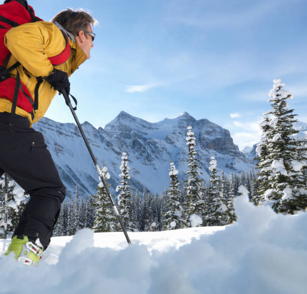 narciarz backcountry kieruje się torem proszkowym - uciekanie się narty zdjęcia i obrazy z banku zdjęć