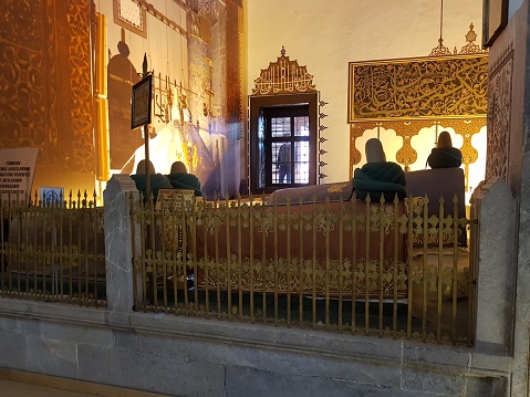 Konya Mevlana Museum. Religious building, green minaret and museum inside. Konya - Turkey. 7 November 2018.