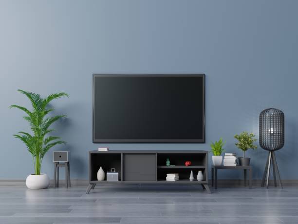istock Cabinet Tv Mockup with dark wall and lamp,plants 1067756302