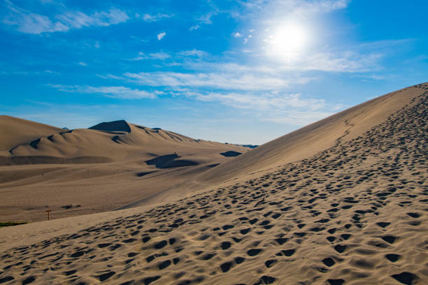 The Huacachina desert near the city of Ica, in Peru, seen from top of the sand dunes.