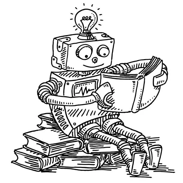 Vector illustration of Robot Reading A Book Machine Learning Concept Drawing