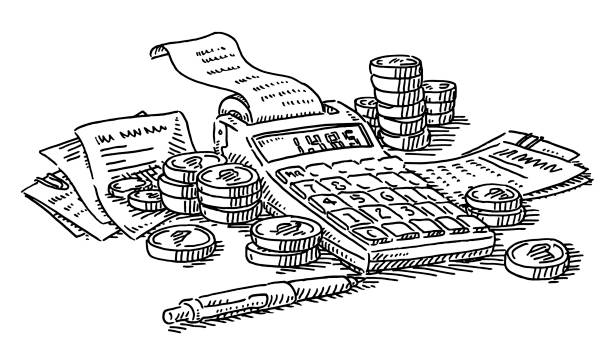Calculation Financial Expenses Money Concept Drawing Hand-drawn vector drawing of Calculation of the Financial Expenses Money Concept. Black-and-White sketch on a transparent background (.eps-file). Included files are EPS (v10) and Hi-Res JPG. budget drawings stock illustrations